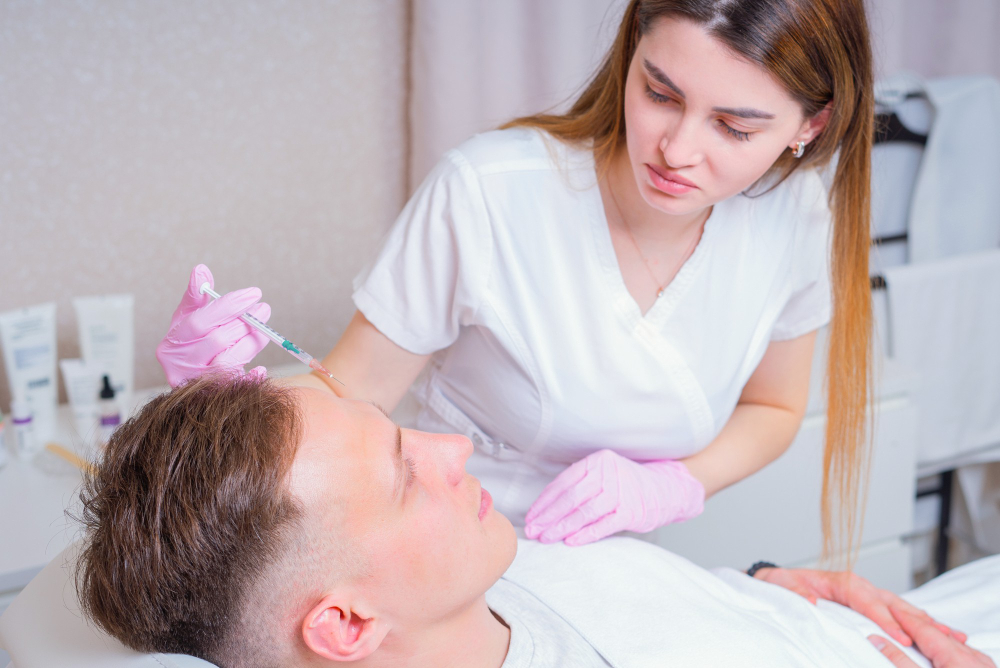 Physician performing Botox injection for forehead lines at Valoura Med Spa in Savoy, IL
